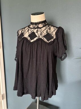 Free People Black Lace Yoke Short Sleeve Top with Choker Neck